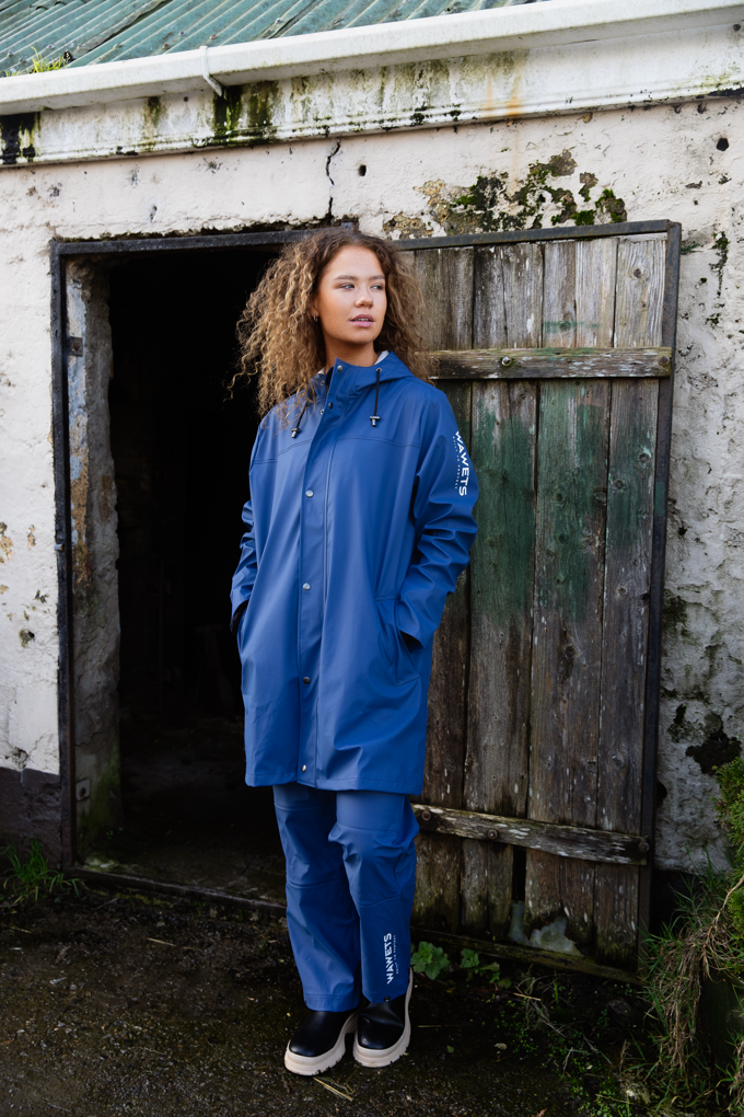 "Women in Wawets Agriwear coord set navy/blue waterproof pants & durable soft waterproof above the knee coat"