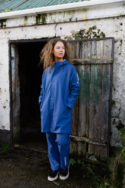 "Women in Wawets Agriwear coord set navy/blue waterproof pants & durable soft waterproof above the knee coat"